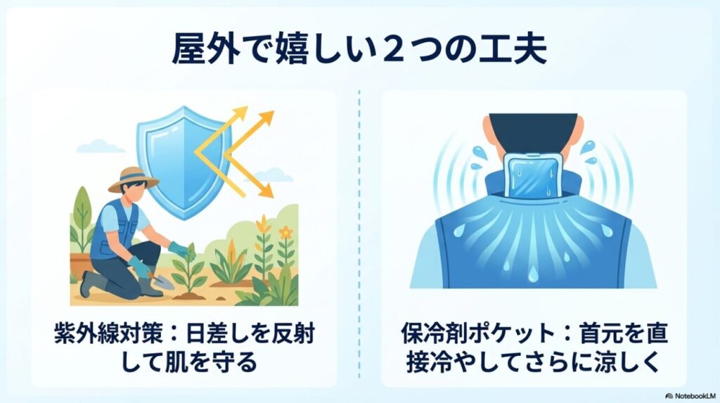 日差しを反射して肌を守り保冷剤でさらに涼しくする2つの工夫