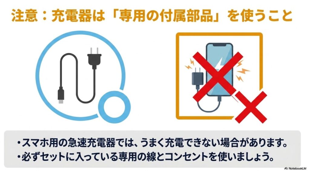 スマホ用の急速充電器を避けて専用の線とコンセントを使う注意点