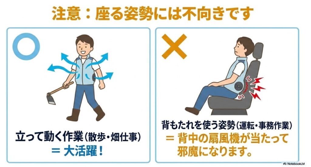 散歩や畑仕事に最適だが運転や事務作業では背中の扇風機が邪魔になる点