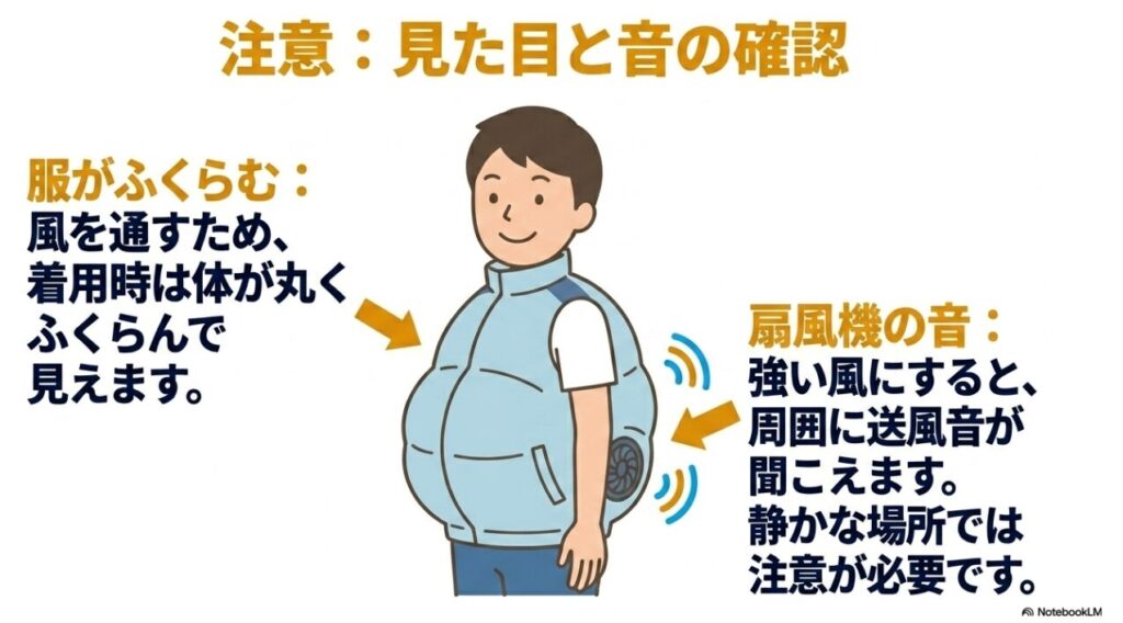 着用時に体が丸く見える点と強い風にした際の周囲への音の注意