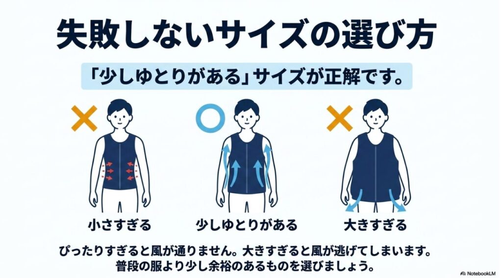 ぴったりすぎず大きすぎない普段の服より少し余裕を持たせた選び方