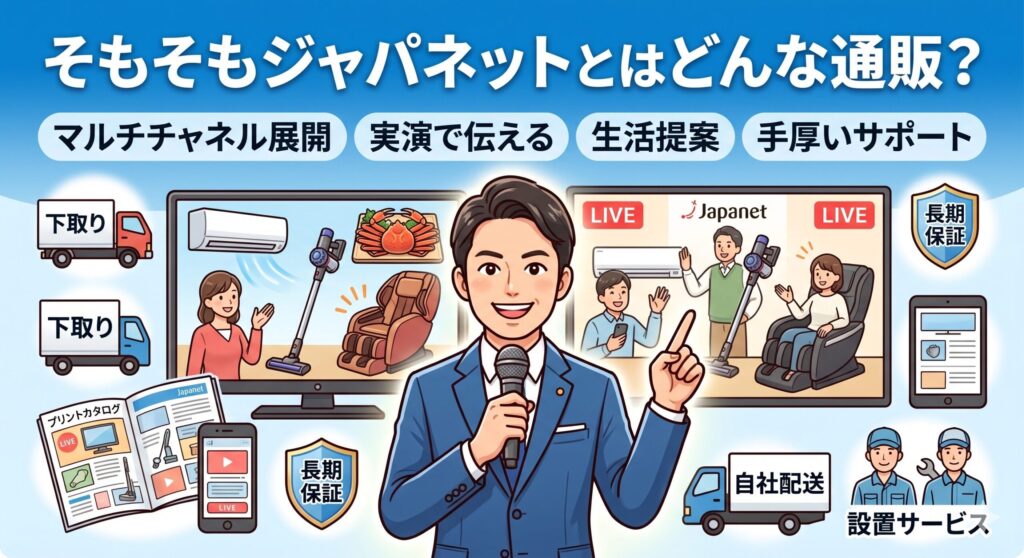 実演販売や手厚いサポートなどジャパネットの4つの強みを表現した図解