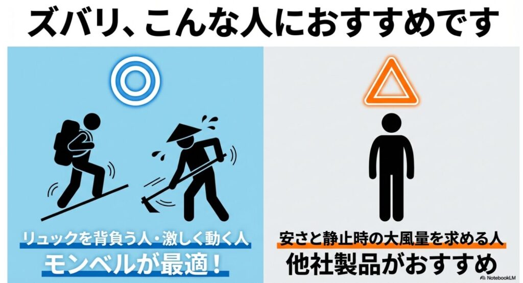 リュックを背負う人や激しく動く人にモンベルが最適であることを示すイラスト