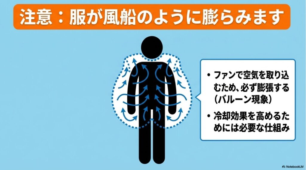 空調服はファンで空気を取り込むため必ず風船のように膨らむことを示す図解