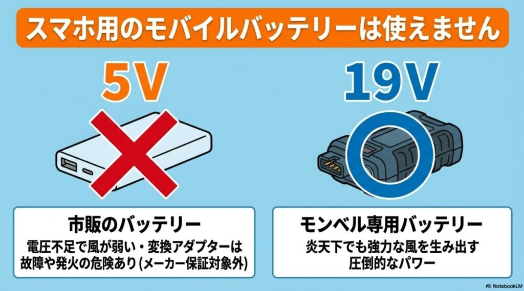 5Vの市販品は不可で19Vの専用バッテリーが必要であることを示す解説