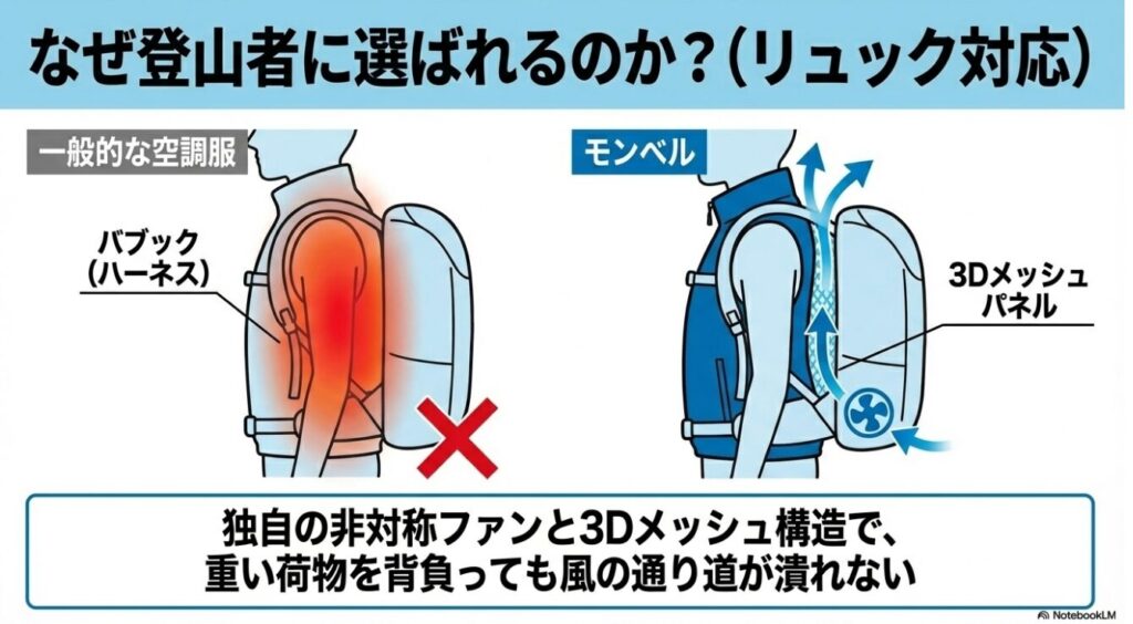 非対称ファンと3Dメッシュ構造により荷物を背負っても風の通り道が確保される図解