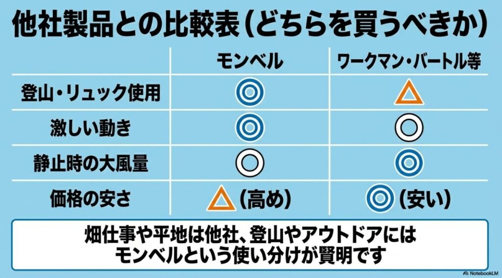 モンベルとワークマンやバートルなど他社製品との用途や価格の比較