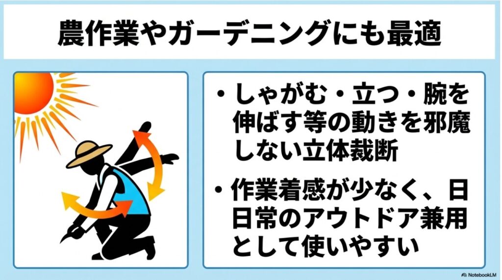 立体裁断により農作業などの動きを邪魔しないことを示すイラスト