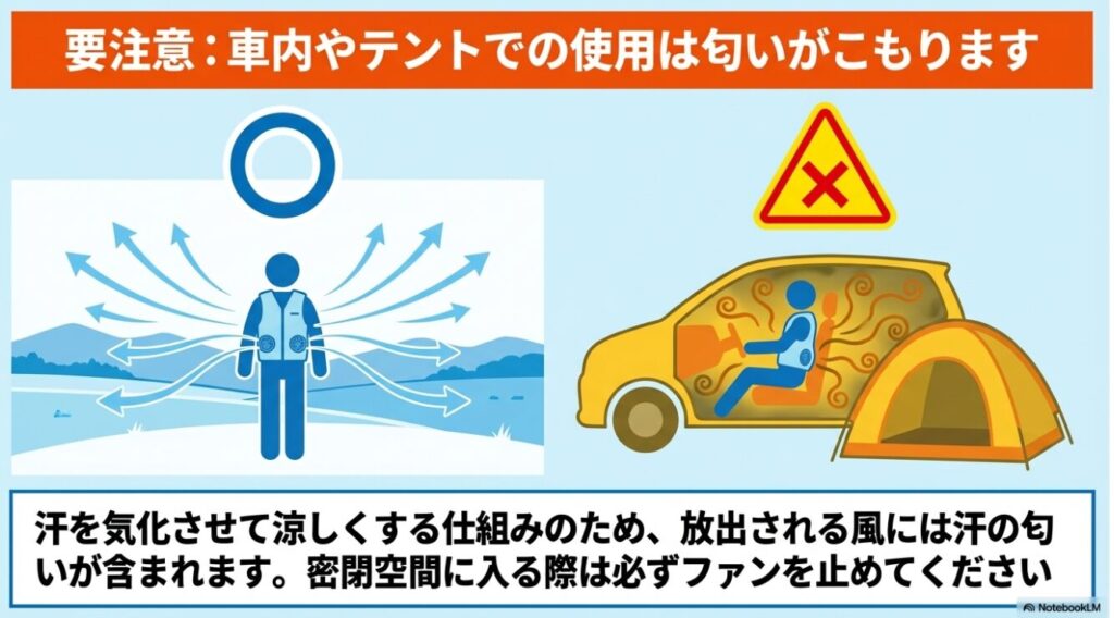 車内やテントなどの密閉空間では汗の匂いがこもるためファンを止めるべきという図解