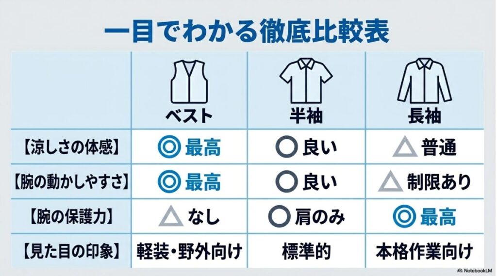 重視するポイント別に長袖と半袖とベストを比べた一覧