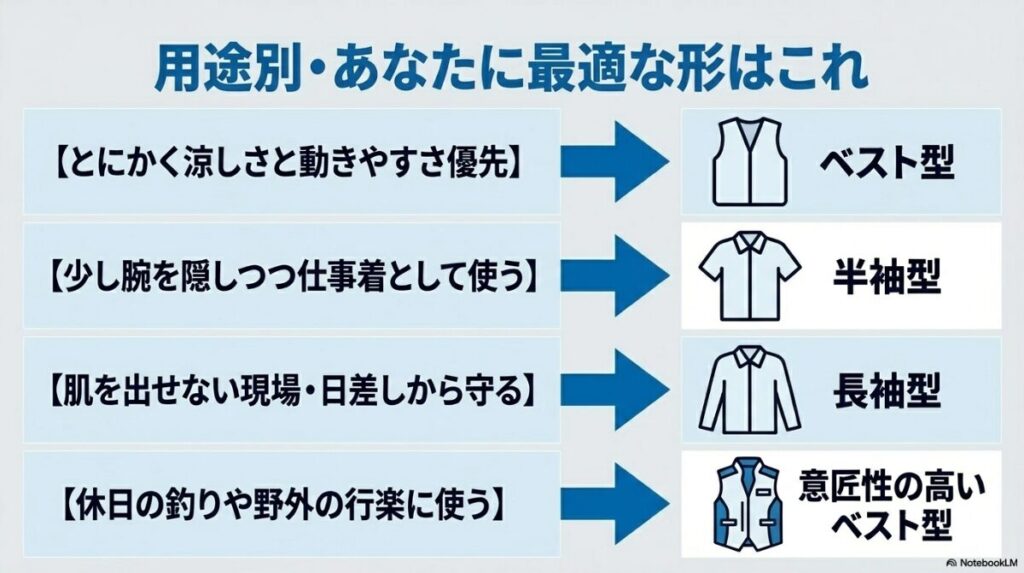 仕事着としてのきちんとした印象や野外活動など目的別の選び方