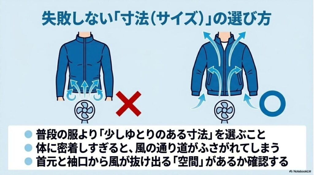 体に密着しすぎず首元や袖口に空間を作るサイズの確認