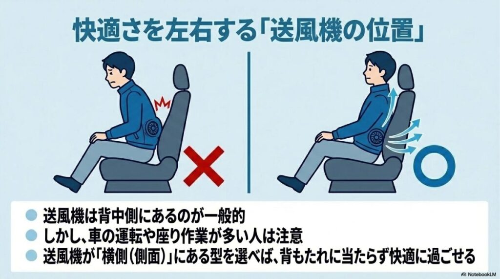 背もたれに当たる違和感を防ぐサイドファン仕様の解説