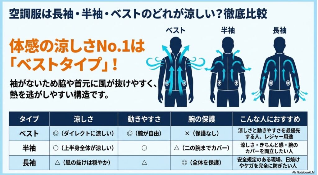涼しさや動きやすさの違いが一目でわかる各タイプのおすすめ用途表