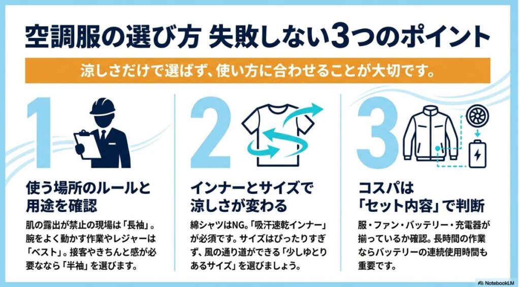 使う場所のルールや吸汗速乾インナーなど購入時に見るべき3つの基準