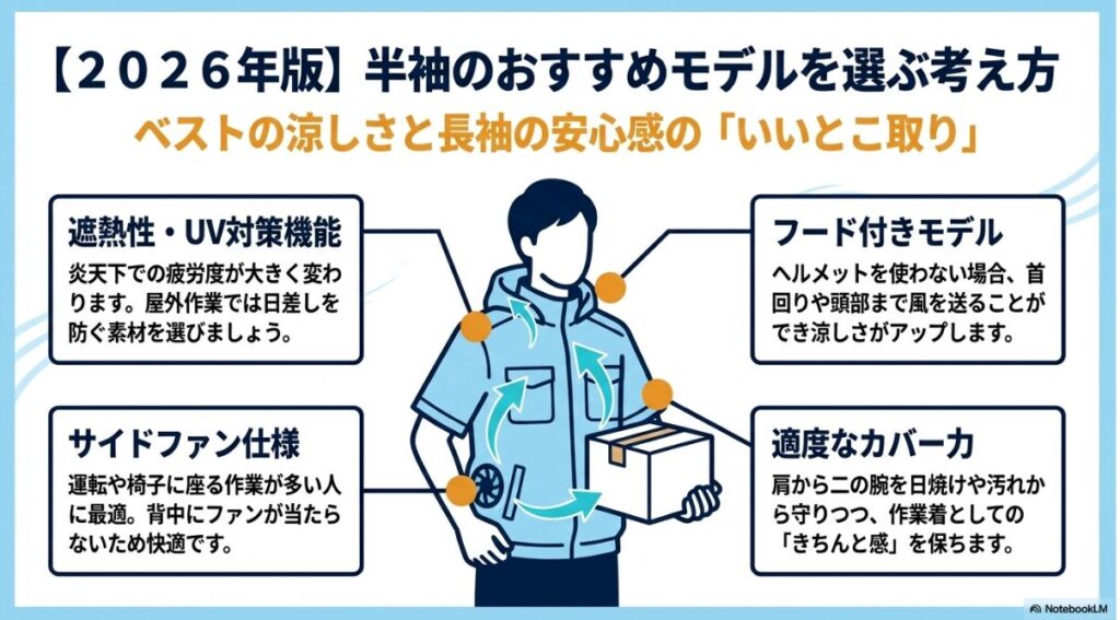 涼しさと安心感のいいとこ取りができるフード付き半袖モデルの仕様