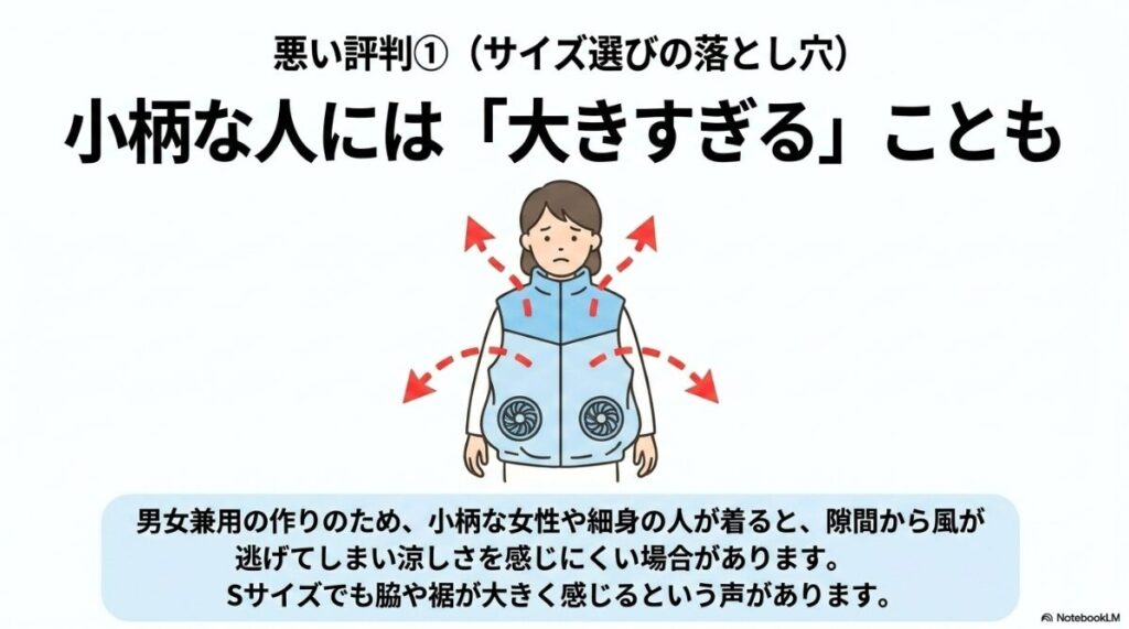 男女兼用のため細身の人だと隙間から風が逃げてしまう問題点