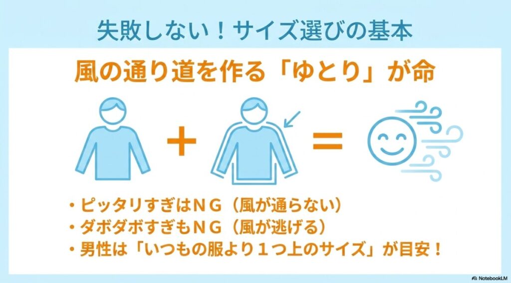 ピッタリすぎずダボダボすぎないゆとりを持たせたサイズの目安