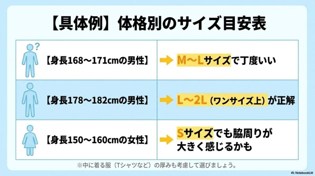 身長ごとの目安と中に着る服の厚みを考慮したサイズ選びの具体例