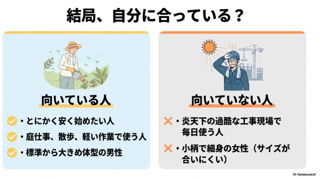 軽い作業や安さ重視の人向けと過酷な現場や小柄な女性には不向きな理由