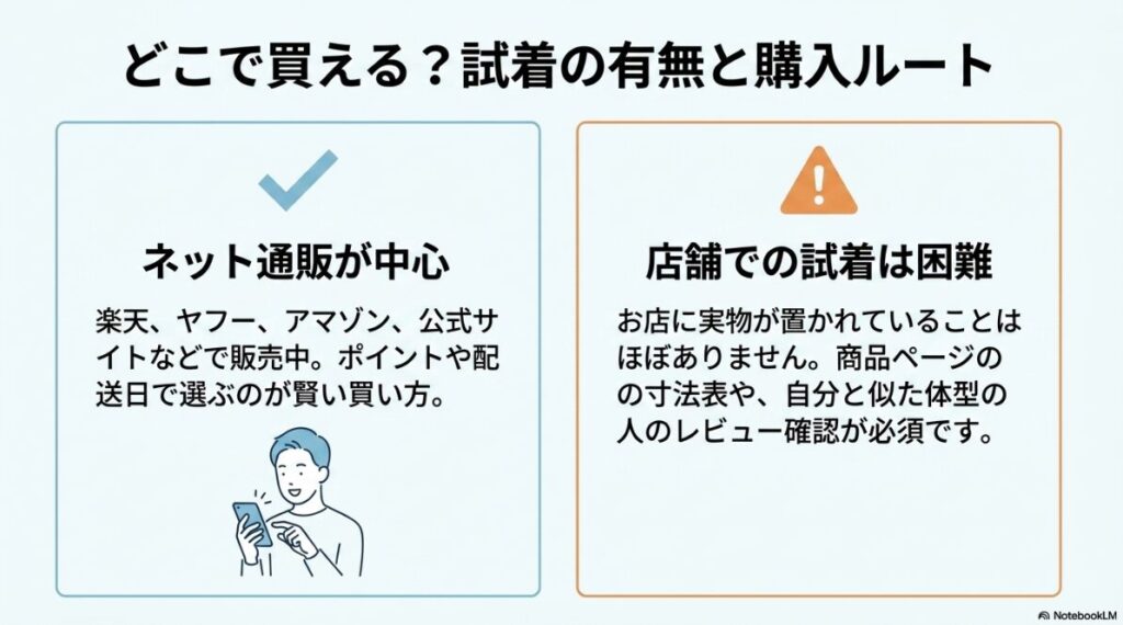 ネット通販中心のため寸法表やレビュー確認が必須であること