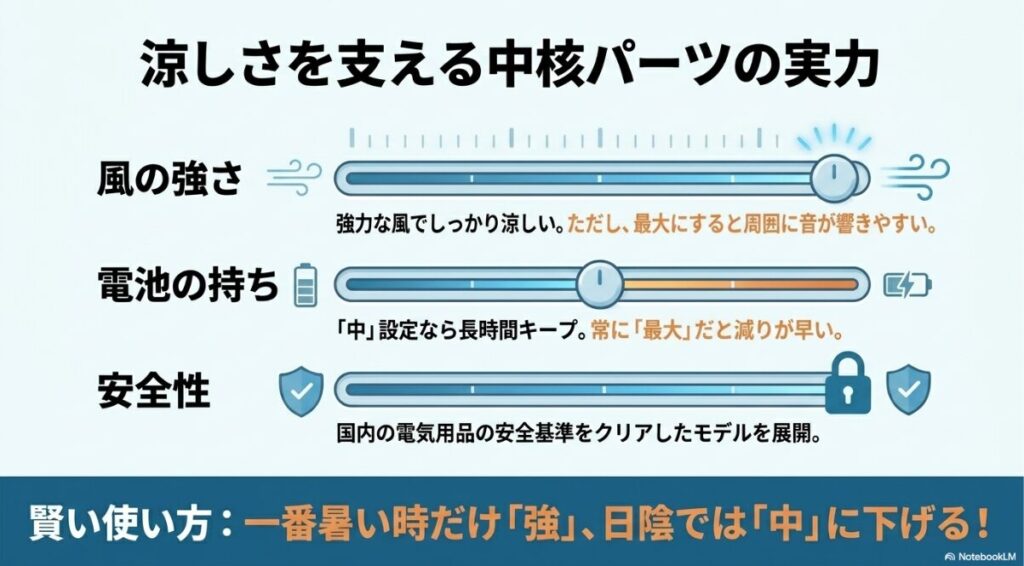 涼しさを支える風量と設定によるバッテリー消費や安全性に関する解説