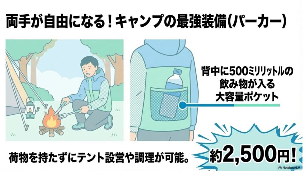 背中にペットボトルが入るキャンプ用パーカー