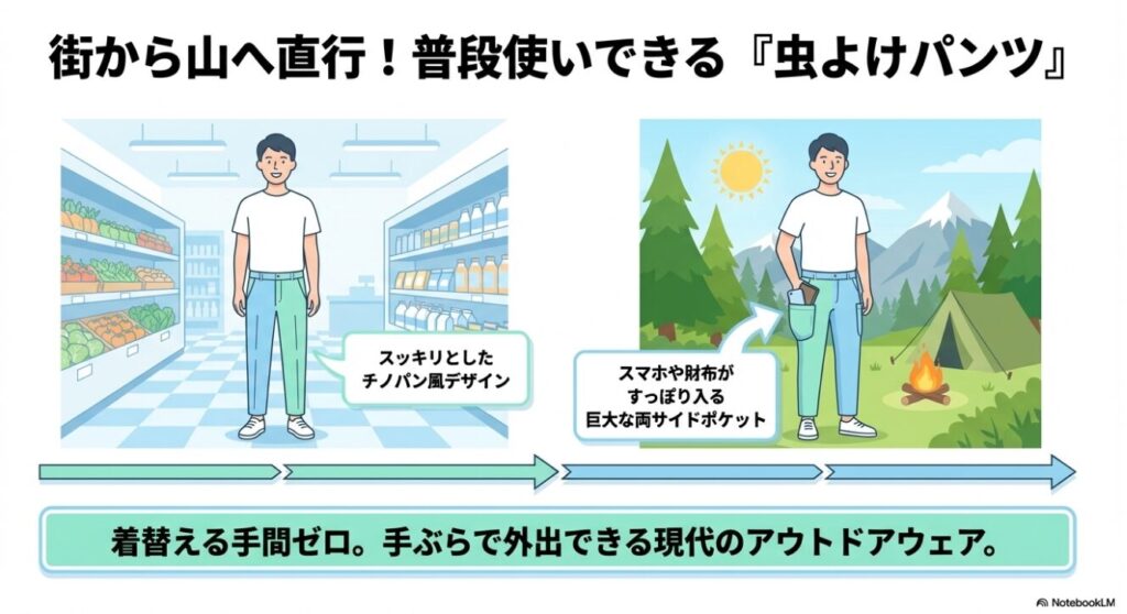 街から山へ直行できるチノパン風デザイン