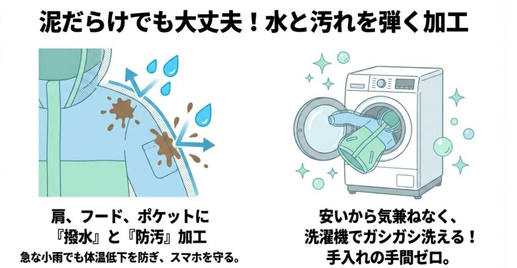 泥だらけでも洗濯機で洗える手入れのしやすさ