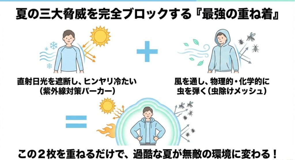 UVパーカーと虫除けメッシュの組み合わせ
