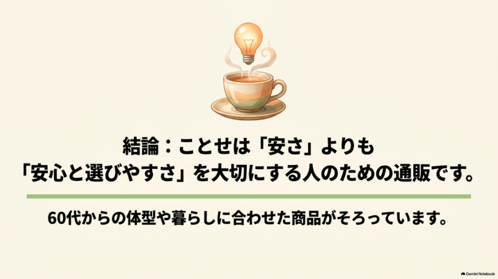 60代の体型や暮らしに合わせた商品が揃うという特徴の解説