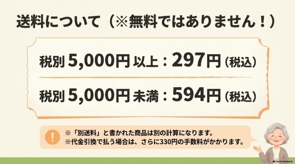 送料無料ではない点と代金引換手数料の注意喚起