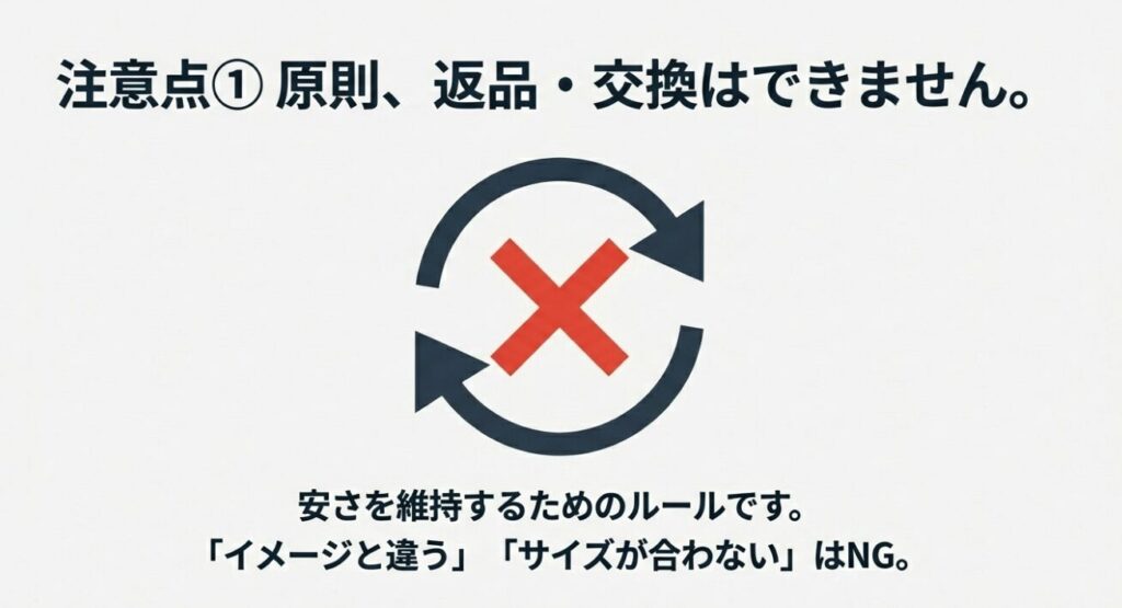 安さ維持のため原則返品交換不可であることを伝える注意書き