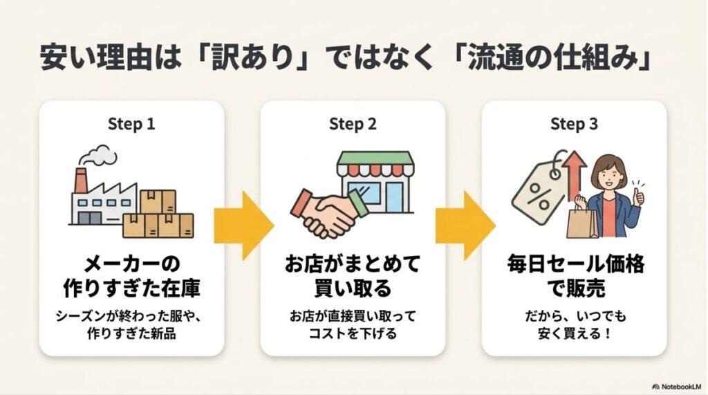 メーカーの過剰在庫を仕入れて毎日安く販売する流れ