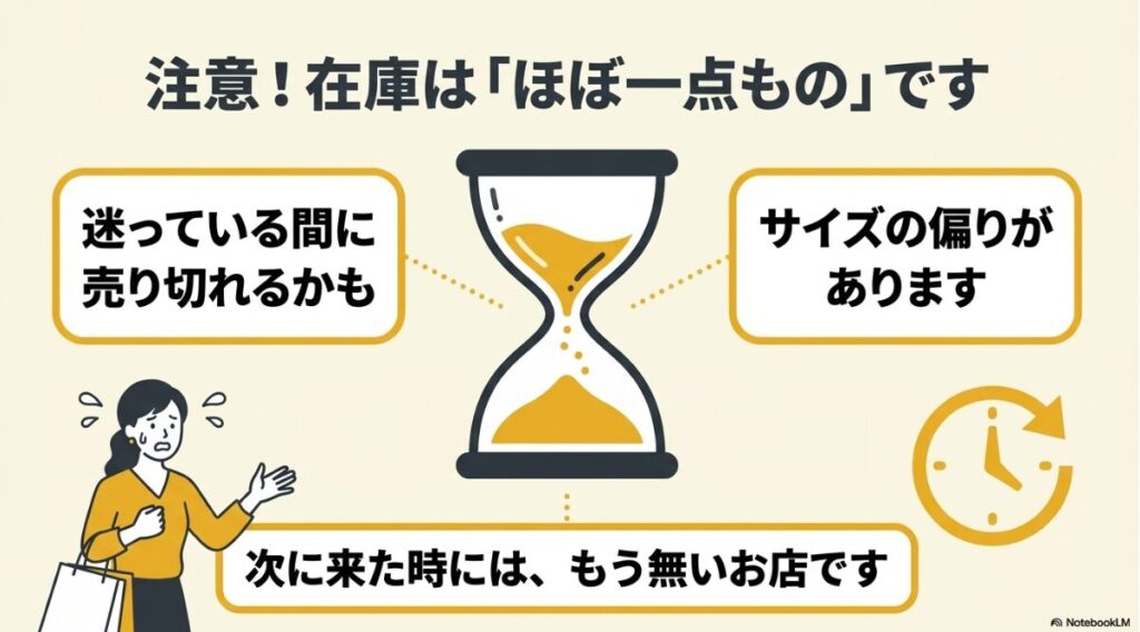 迷っている間に売り切れる可能性があるサイズや在庫の偏り