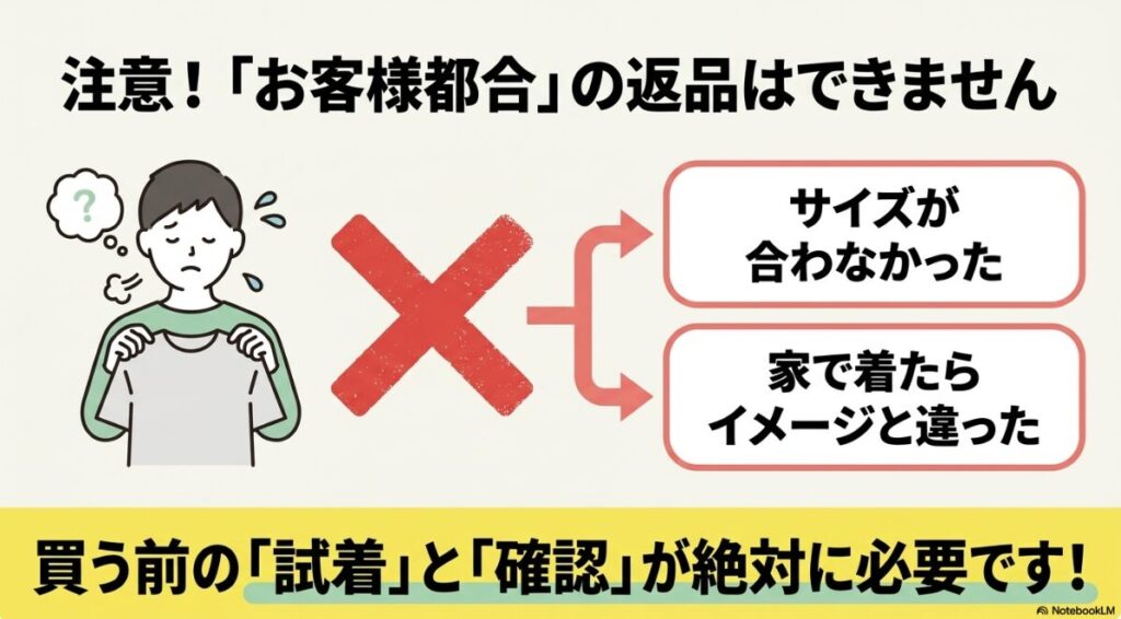 購入前の試着と状態確認が必須となるお客様都合返品不可の注意喚起