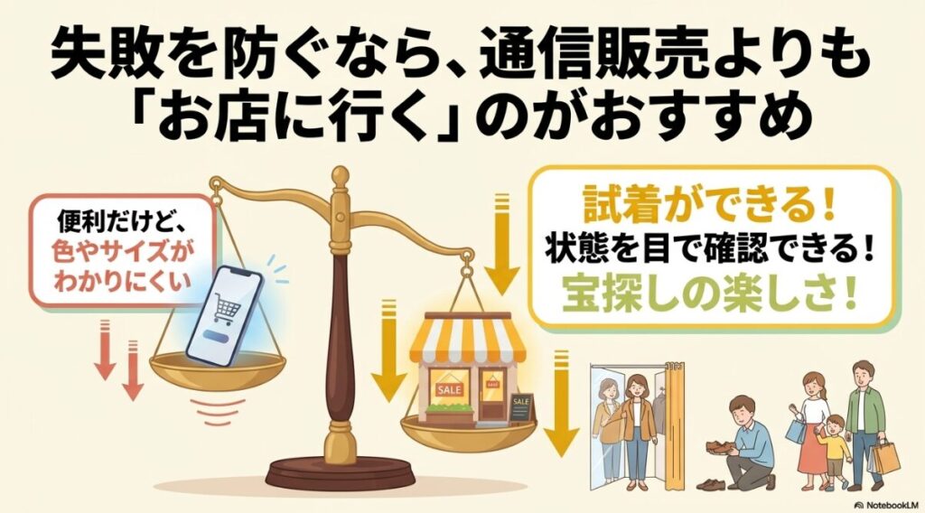 色やサイズを確認し試着ができる店舗買い物の利点