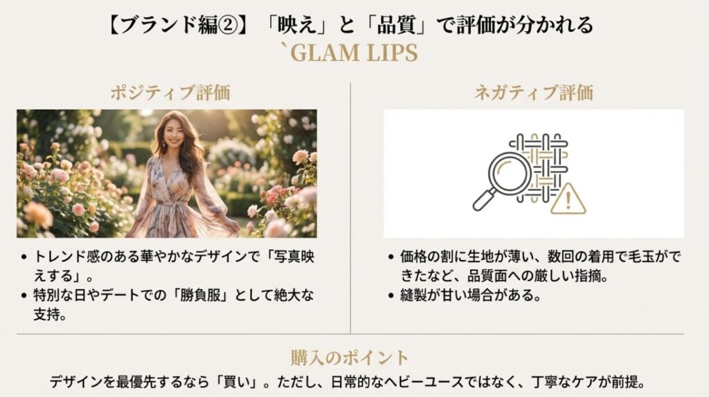 アパレルブランドGLAM LIPSの評判。写真映えするデザイン性と、品質や縫製に関するポジティブ・ネガティブ両面の口コミ分