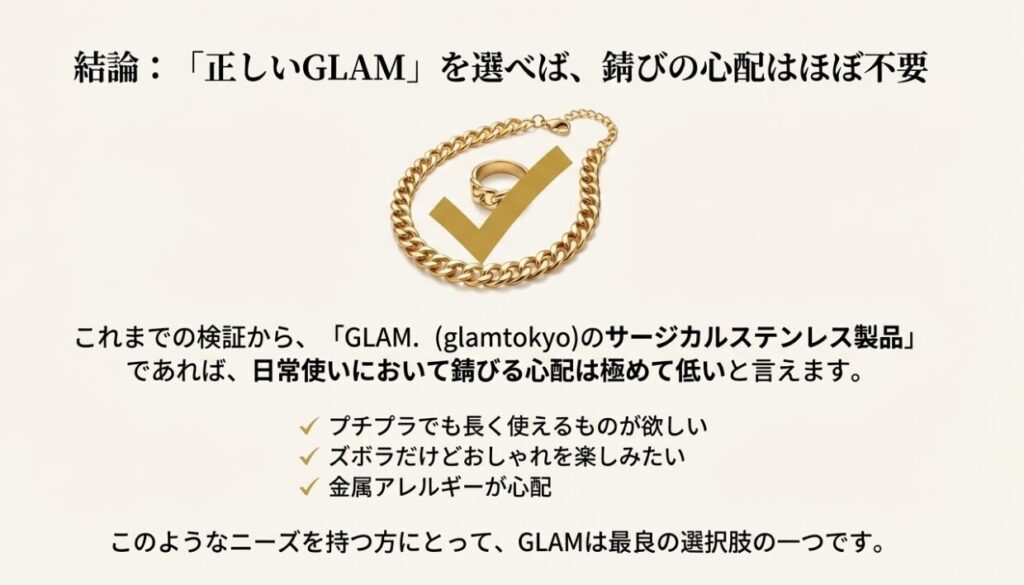ゴールドのチェーンとリングに「OK」を示す大きなチェックマークと、サージカルステンレス製品なら錆びの心配が不要であるという結論を記した解説画像
