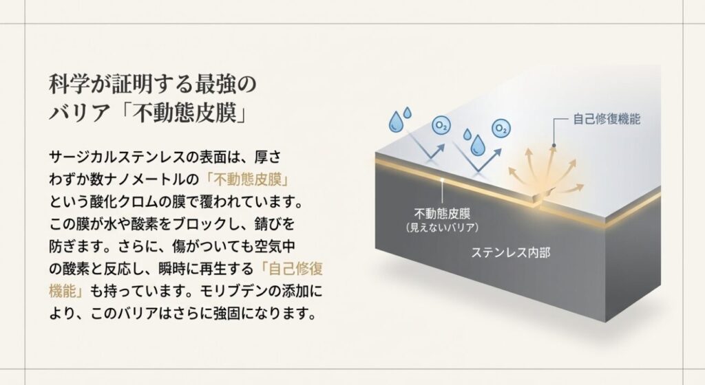 サージカルステンレスの表面にある不動態皮膜が酸素と結びつき、傷を自己修復して錆びを防ぐメカニズムの図解