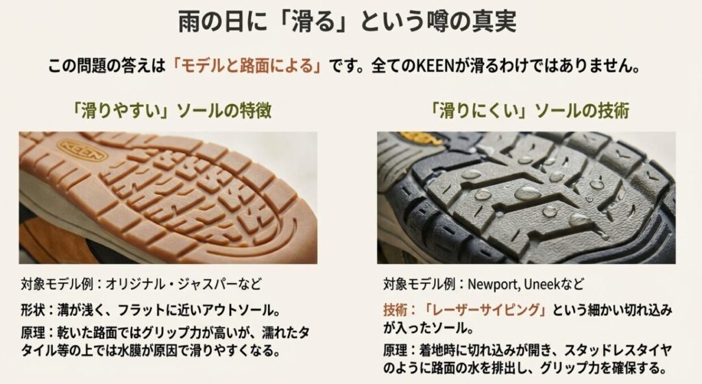 KEENの滑りやすいソールと滑りにくいソールの形状比較