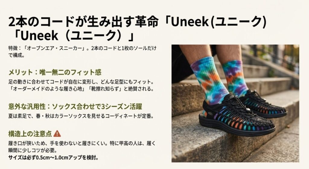 KEEN Uneek(ユニーク)の特徴:2本のコードが生むフィット感と靴下コーデの汎用性