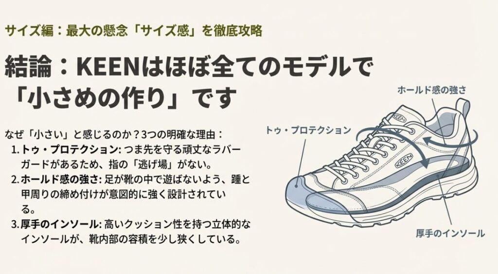 KEENスニーカーが小さく感じる3つの構造的理由(トゥプロテクション・ホールド感・インソール)