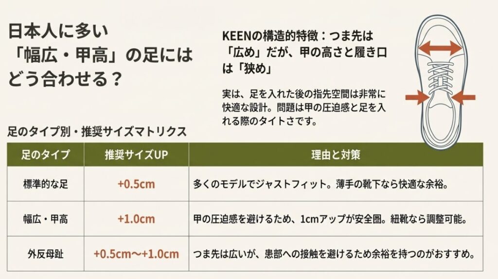足のタイプ別(幅広・甲高・外反母趾)KEEN推奨サイズ表