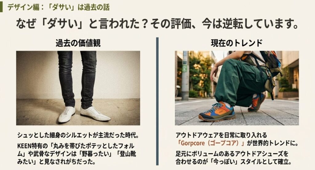 KEENのデザイン評価の変化 過去の価値観と現在のゴープコアトレンド