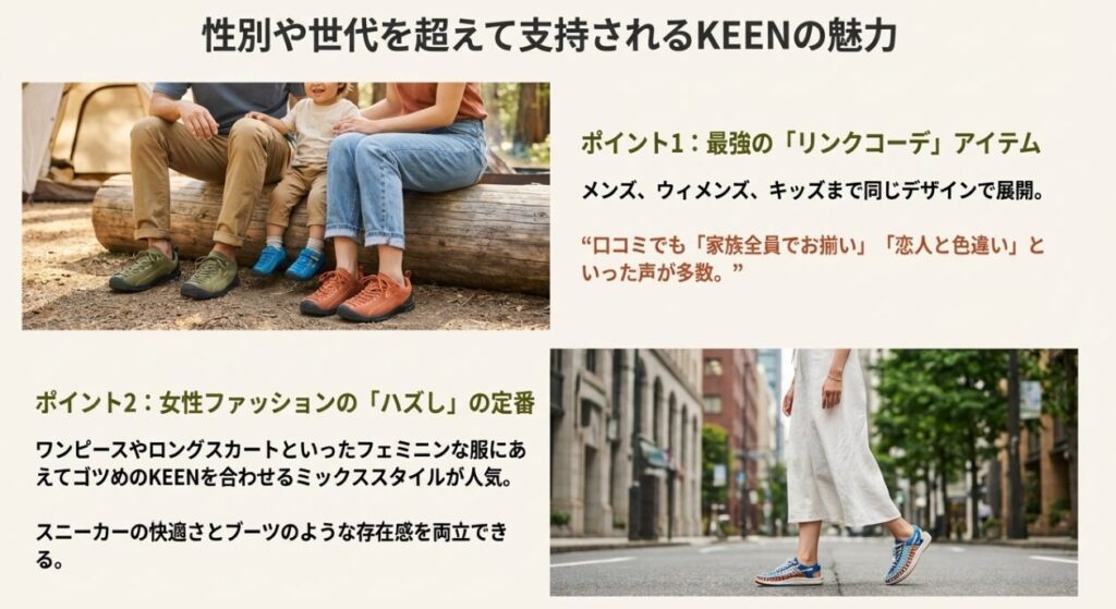 KEENが家族や女性に支持される理由:リンクコーデとおしゃれなハズしテクニック