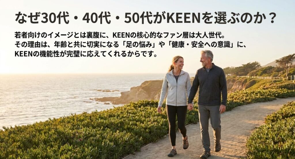 年齢と共に切実になる足の悩みや健康・安全意識にKEENが応えることを説明したスライド
