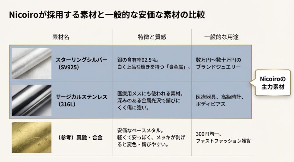 Nicoiroの素材（シルバー925・サージカルステンレス）と安価な合金の品質比較表