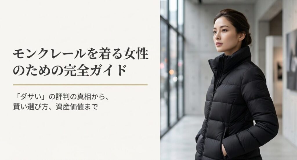 モンクレールを着る女性のための完全ガイド。評判の真相から選び方、資産価値までを解説したスライドの表紙。