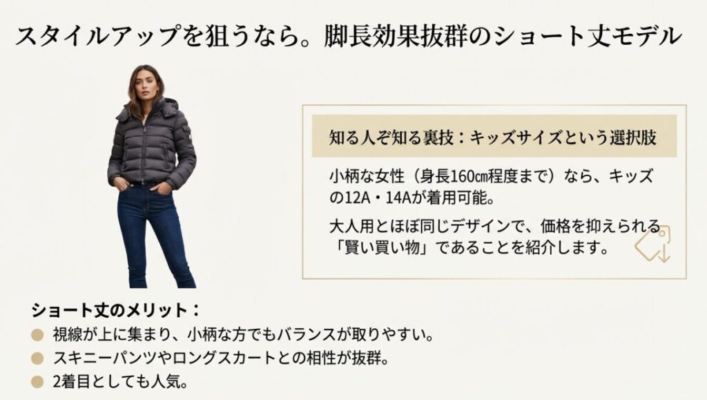 ショート丈ダウンを着こなす女性の写真と、小柄な女性ならキッズサイズの12A・14Aがお得に着用できるという裏技の紹介